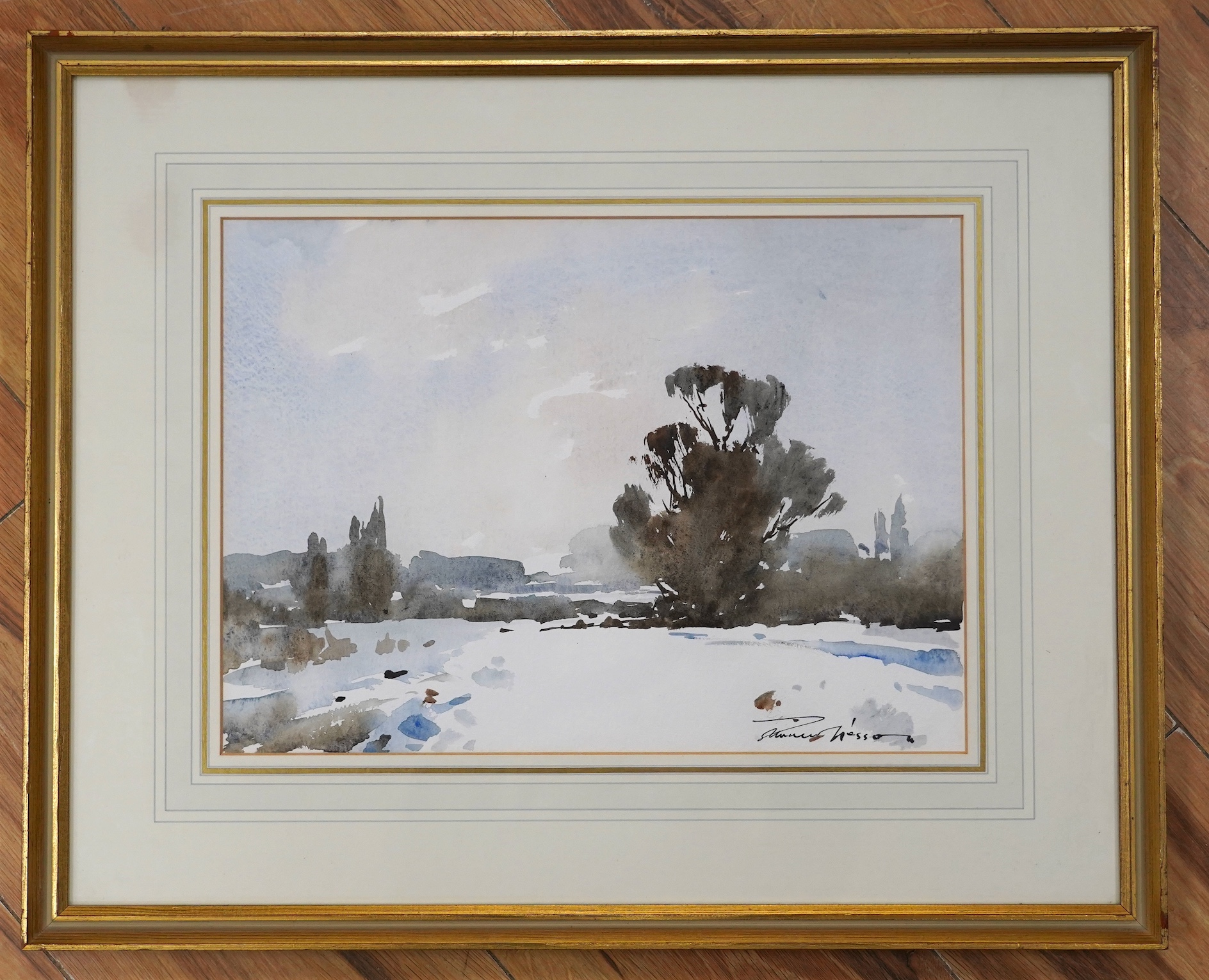 Edward Wesson (1910-1983), watercolour, 'Snow in January', signed, Fine Art label verso, 25 x 34cm